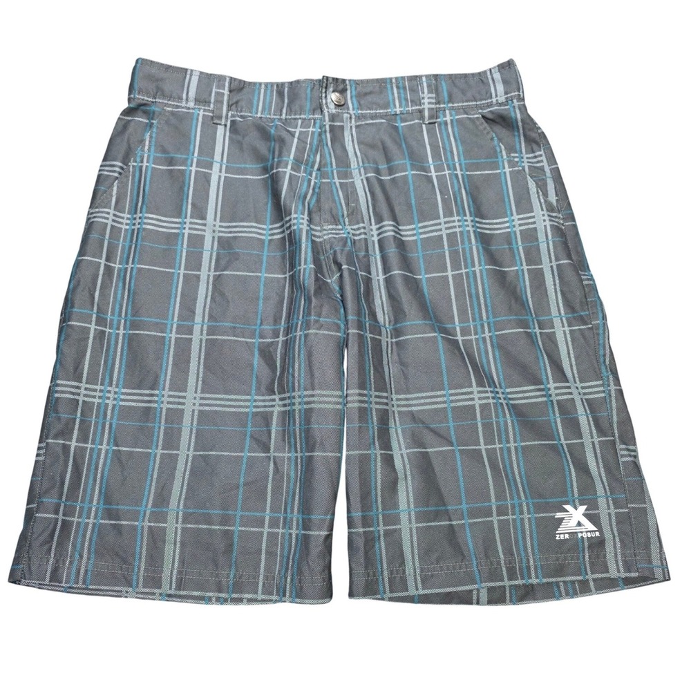 Zeroxposur Plaid Board Shorts Men's Size L Black Zone Grey Blue Mesh Lined